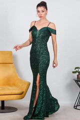 Langes Pailletten - Abendkleid Mit Satinkragen – Smaragd