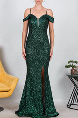 Langes Pailletten - Abendkleid Mit Satinkragen – Smaragd