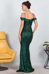 Langes Pailletten - Abendkleid Mit Satinkragen – Smaragd