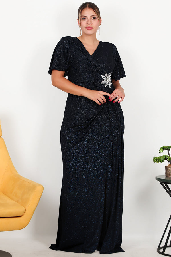 Plus - Size Navy Long Evening Dress With Floral Stone Detail At Waist