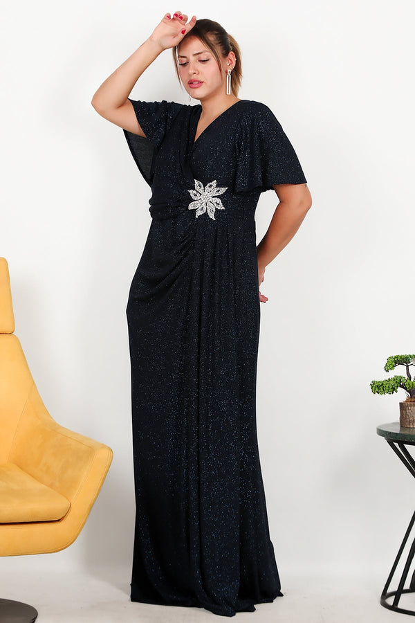 Plus - Size Navy Long Evening Dress With Floral Stone Detail At Waist