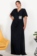 Plus - Size Navy Long Evening Dress With Floral Stone Detail At Waist