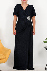 Plus - Size Navy Long Evening Dress With Floral Stone Detail At Waist