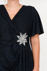 Plus - Size Navy Long Evening Dress With Floral Stone Detail At Waist