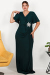 Plus - Size Long Evening Dress With Stone - Embellished Floral Waist — Emerald