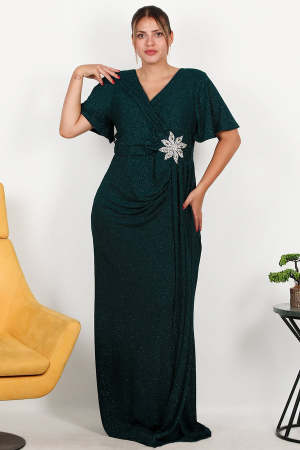 Plus - Size Long Evening Dress With Stone - Embellished Floral Waist — Emerald