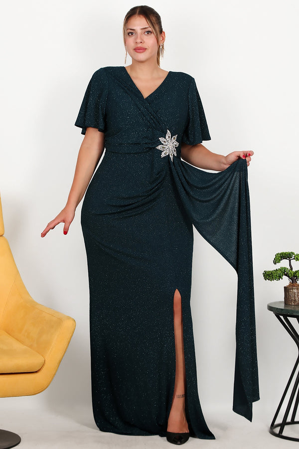 Plus - Size Long Evening Dress With Stone - Embellished Floral Waist — Emerald