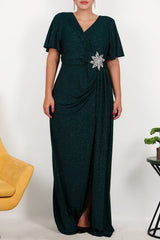 Plus - Size Long Evening Dress With Stone - Embellished Floral Waist — Emerald