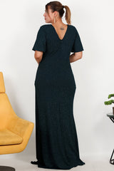 Plus - Size Long Evening Dress With Stone - Embellished Floral Waist — Emerald