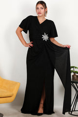 Plus - Size Long Evening Dress With Stone - Embellished Floral Waist — Black