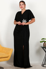 Plus - Size Long Evening Dress With Stone - Embellished Floral Waist — Black