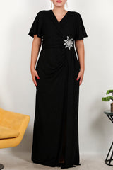 Plus - Size Long Evening Dress With Stone - Embellished Floral Waist — Black