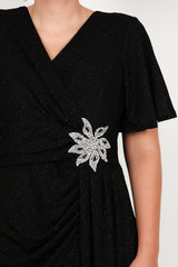Plus - Size Long Evening Dress With Stone - Embellished Floral Waist — Black
