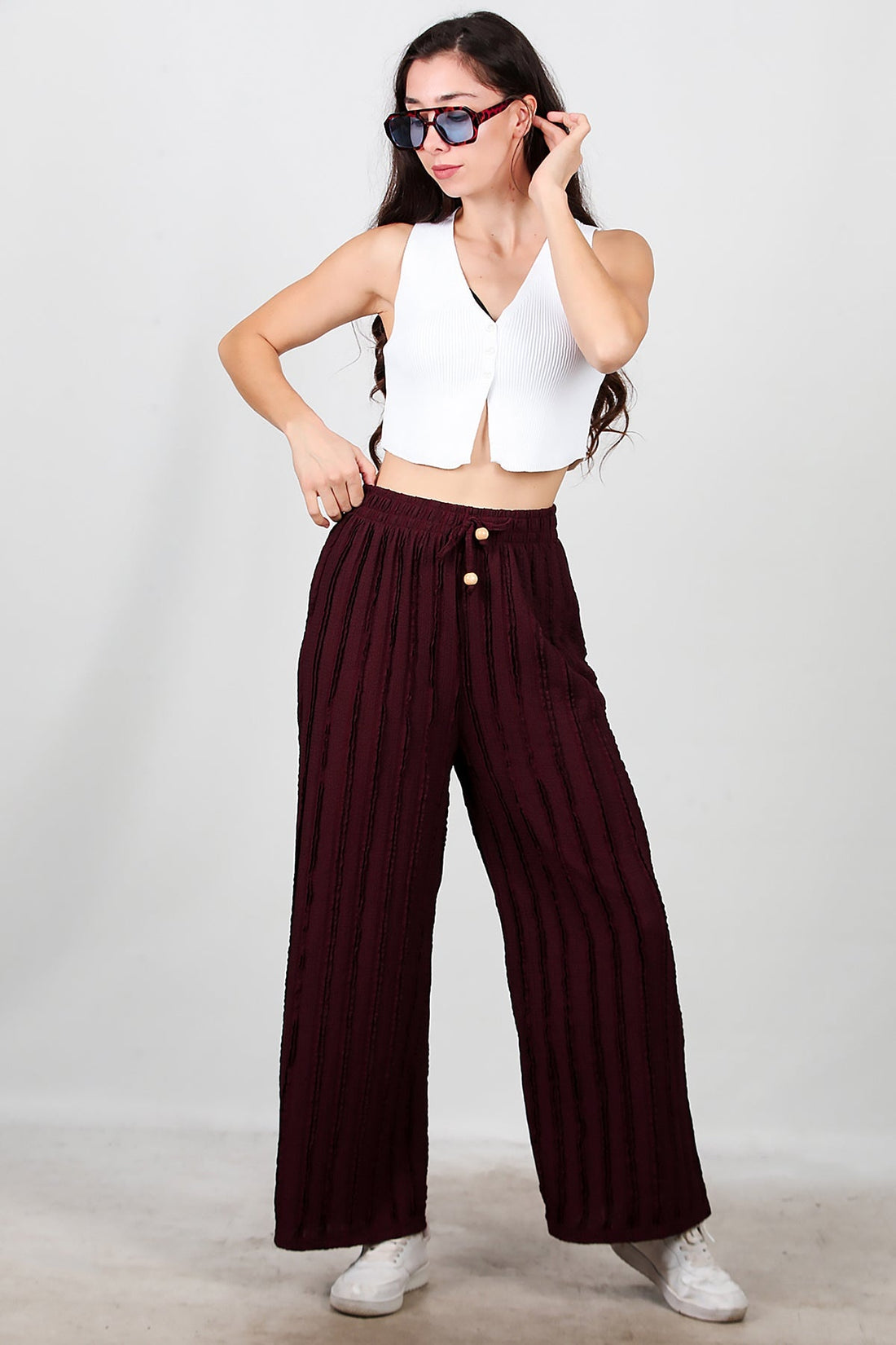 Gerippte Hose Mit Weitem Bein – Bordeaux