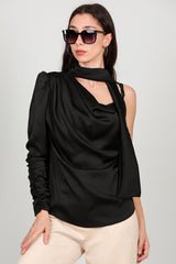 Einschulter - Satinbluse, Schwarz