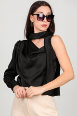 Einschulter - Satinbluse, Schwarz