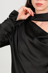 Einschulter - Satinbluse, Schwarz