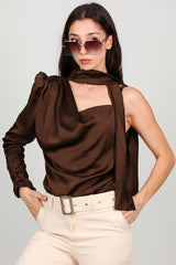 Braune Satin - Ein - Schulter - Bluse