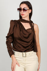 Braune Satin - Ein - Schulter - Bluse