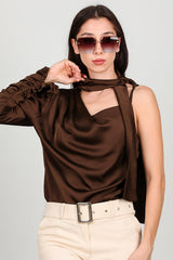 Braune Satin - Ein - Schulter - Bluse