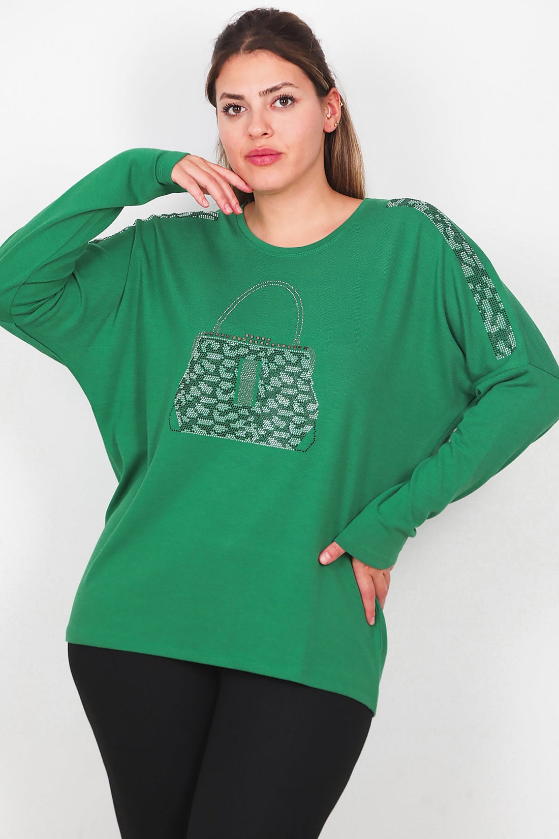 Plus - Size Blouse Met Print En Voorzak, Lange Mouw — Groen