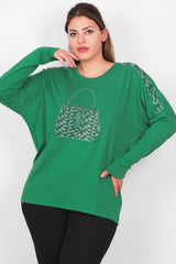 Plus - Size Blouse Met Print En Voorzak, Lange Mouw — Groen