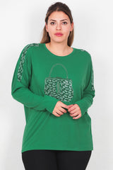 Plus - Size Blouse Met Print En Voorzak, Lange Mouw — Groen