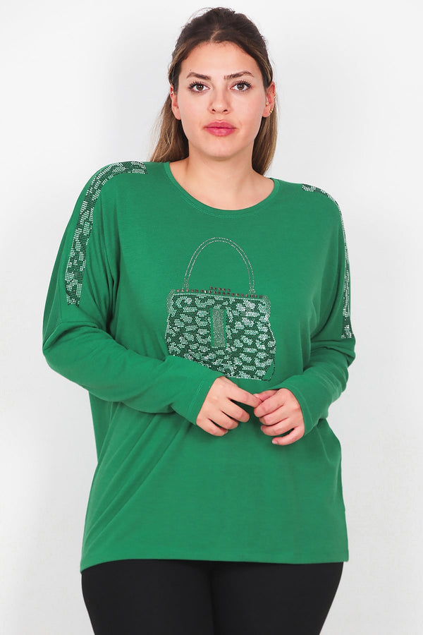 Plus - Size Blouse Met Print En Voorzak, Lange Mouw — Groen