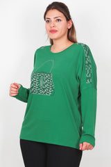 Plus - Size Blouse Met Print En Voorzak, Lange Mouw — Groen