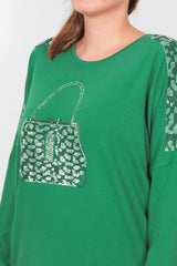 Plus - Size Blouse Met Print En Voorzak, Lange Mouw — Groen