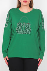 Plus - Size Blouse Met Print En Voorzak, Lange Mouw — Groen