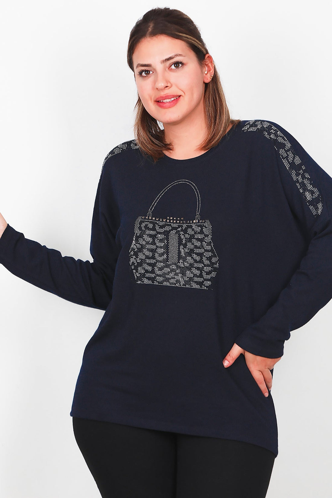 Plus - Size Langarmbluse Mit Brusttasche – Marineblau