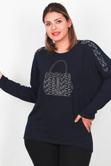 Plus - Size Langarmbluse Mit Brusttasche – Marineblau