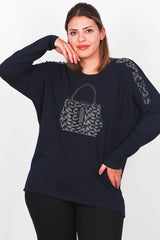 Plus - Size Langarmbluse Mit Brusttasche – Marineblau