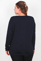 Plus - Size Langarmbluse Mit Brusttasche – Marineblau