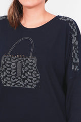 Plus - Size Langarmbluse Mit Brusttasche – Marineblau