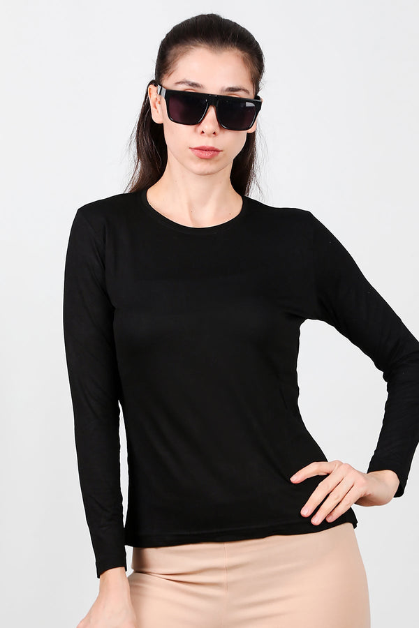 Ronde Hals Lange Mouw Jersey Top – Zwart