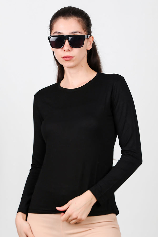 Ronde Hals Lange Mouw Jersey Top – Zwart