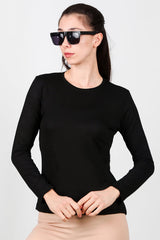 Ronde Hals Lange Mouw Jersey Top – Zwart