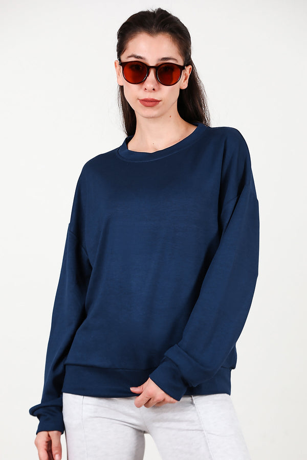 Dames Sweatshirt Met Ronde Hals — Marineblauw