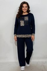 Plus‑Size Luipaardprint Set Met Stenen – Marineblauw