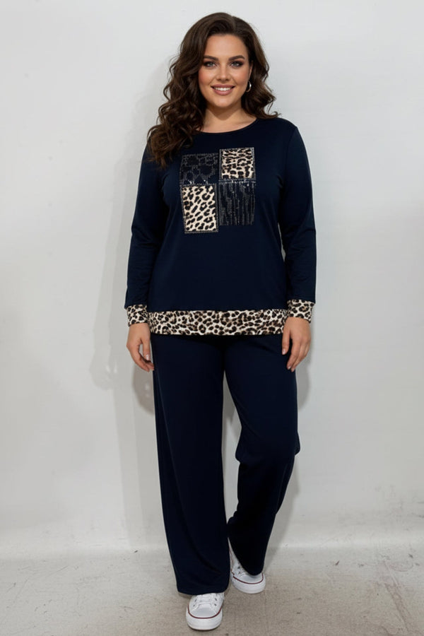 Großes Größen Leopardenprint‑Set Mit Steinbesatz – Marineblau
