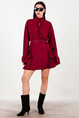 Kleid Mit Rüschen An Seiten Und Ärmeln — Bordeaux