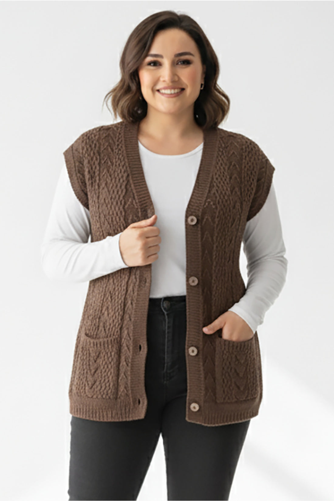 Gebreide Gilet — Grote Maten — Bruin