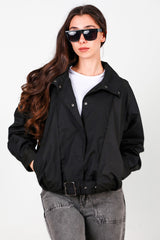 Korte Trenchcoat Met Drukknopen En Geplooide Details, Zwart