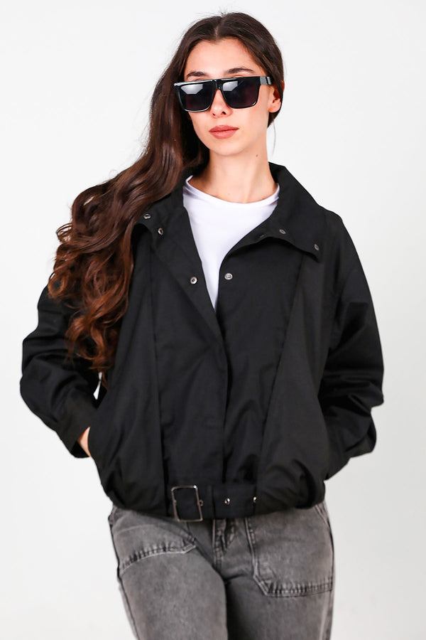 Korte Trenchcoat Met Drukknopen En Geplooide Details, Zwart