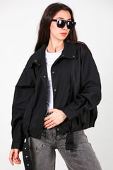 Korte Trenchcoat Met Drukknopen En Geplooide Details, Zwart