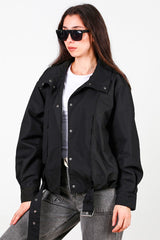 Korte Trenchcoat Met Drukknopen En Geplooide Details, Zwart