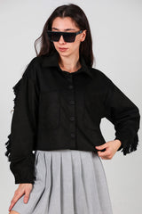 Korte Suède Blouse Met Steendetail Op De Rug En Franjes, Zwart