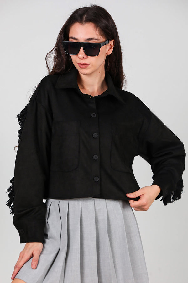 Korte Suède Blouse Met Steendetail Op De Rug En Franjes, Zwart